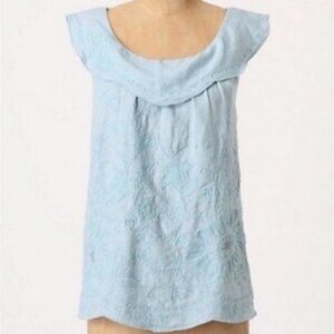 Anthropologie Meadow Rue Passiflora Sky Blue Embroidered 100% Linen Top, Size 0
